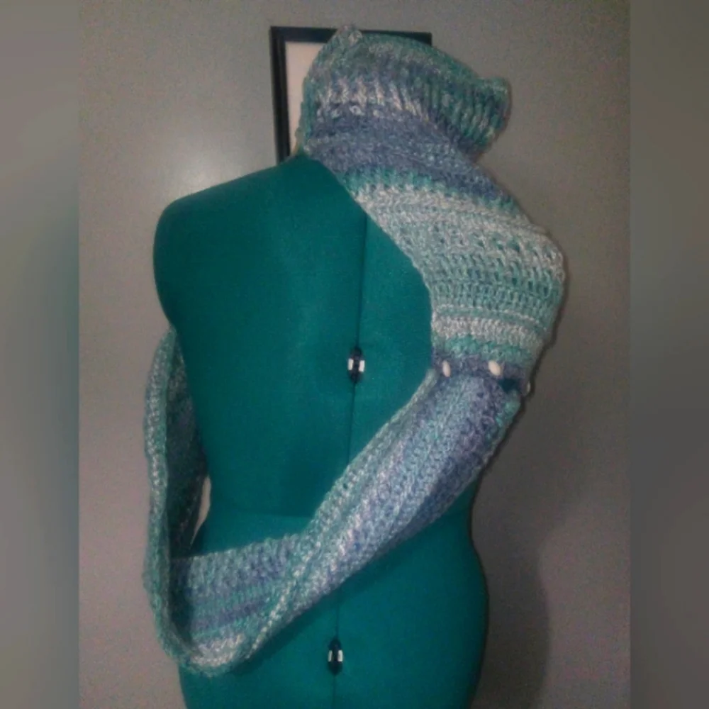 Handcrafted Crochet Textured Blues Multiwear Scarf NEW